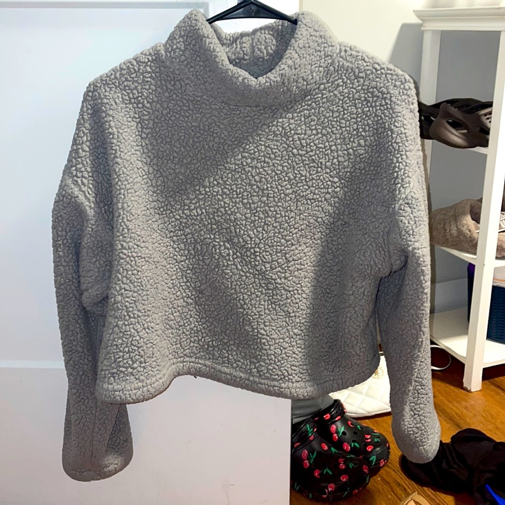 grey fuzzy turtle neck sweater